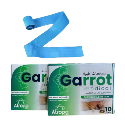 Boîte contenant dix garrots médicaux Atropa STD, de couleur [insérer la couleur des garrots si visible], présentés pliés et emballés. Chaque garrot est conçu pour une compression fiable et contrôlée, et semble être de qualité supérieure. La boîte est [décrire la couleur et le matériau de la boîte si visible]. Idéal pour les premiers secours et la sécurité.