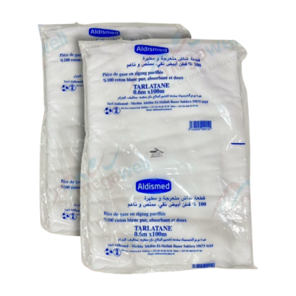 Rouleau de gaz Tarlatant Aldismed, désinfectant professionnel, de 0.6m de large et 100m de long. Présenté sur fond neutre, le rouleau est clairement visible, mettant en avant sa taille et son format.