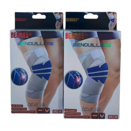 Genouillère élastique Berbas BR238, de couleur [préciser la couleur si visible : ex: bleu marine, noire], conçue pour le soutien et le confort. Elle semble respirante et ajustable, et est destinée à l'utilisation lors d'activités légères ou en phase de rééducation.