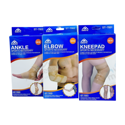 Genouillère Sibote, taille standard, en tissu élastique bleu clair avec une bande de silicone visible sur le côté. Destinée au soutien et au confort, elle est conçue pour soulager les douleurs articulaires liées à l'arthrose ou aux entorses. L'image montre un genou bien ajusté par la genouillère.