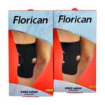 Genouillère Florican FC-4124, vue latérale, en tissu respirant bleu et blanc. Elle maintient et stabilise le genou, avec un renfort autour de la rotule. Conçue pour le confort et le soulagement, elle est indiquée pour l'arthrose et les tendinites.