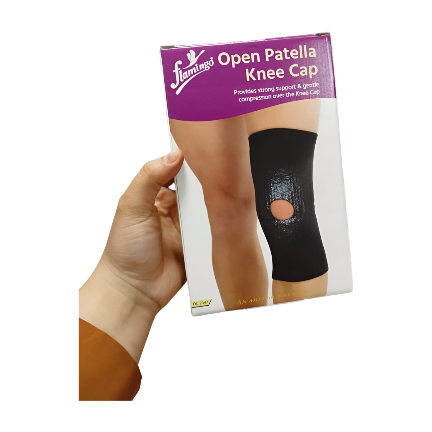 Genouillères Flamingo OC 2047 en tissu extensible, couleur rose, offrant un soutien et une stabilisation de la rotule. Destinées au confort et au soulagement des douleurs articulaires (arthrose, tendinite...), disponibles en tailles L et 2XL.