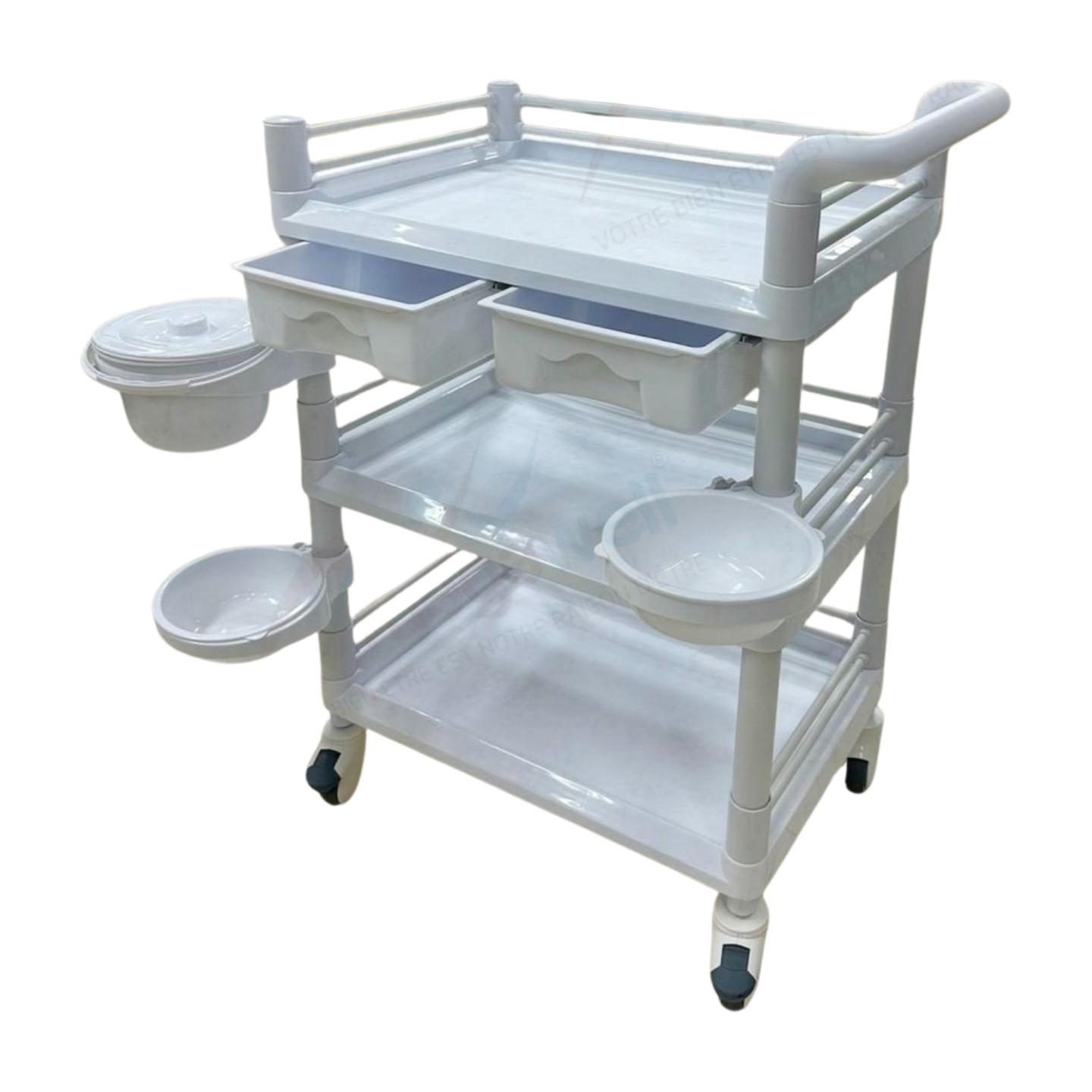 Guéridon à 3 niveaux Medanex MM-201Y en ABS, offrant un rangement élégant et durable. L'image montre un guéridon compact avec trois plateaux de rangement et un tiroir intégré, idéal pour organiser un salon, une chambre ou un bureau.