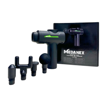 Pistolet de massage noir Medanex 6V. Petit appareil ergonomique, idéal pour cibler les muscles. Surface noire mate, avec une poignée pour une prise en main confortable. Présente un bouton d'alimentation et un indicateur de batterie. Design compact, facile à transporter.