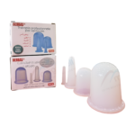 Set de quatre ventouses en silicone de couleur claire, de la marque Berbas (modèle BR536), présentées sur un fond neutre. Les ventouses sont de taille uniforme et disposées de manière ordonnée. Elles sont destinées à la thérapie Hidjama et sont conçues pour un usage professionnel ou domestique, visant à soulager les douleurs, améliorer la circulation sanguine et favoriser le bien-être.