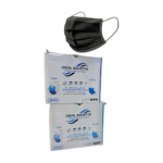 Boîte de 50 bavettes individuelles noires, en tissu, présentées sur fond neutre. Chaque bavette est de forme classique, avec un élastique autour du cou et un lien à nouer dans le dos, visiblement conçue pour la protection et l'hygiène.