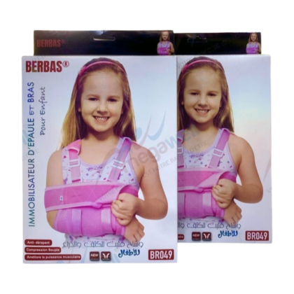 Immobilisateur de l'épaule et du bras pour enfant Berbas, présenté en tissu respirant, avec des sangles réglables pour un maintien optimal en cas de fracture, d'entorse ou après une intervention chirurgicale. Disponible en tailles M à XL.