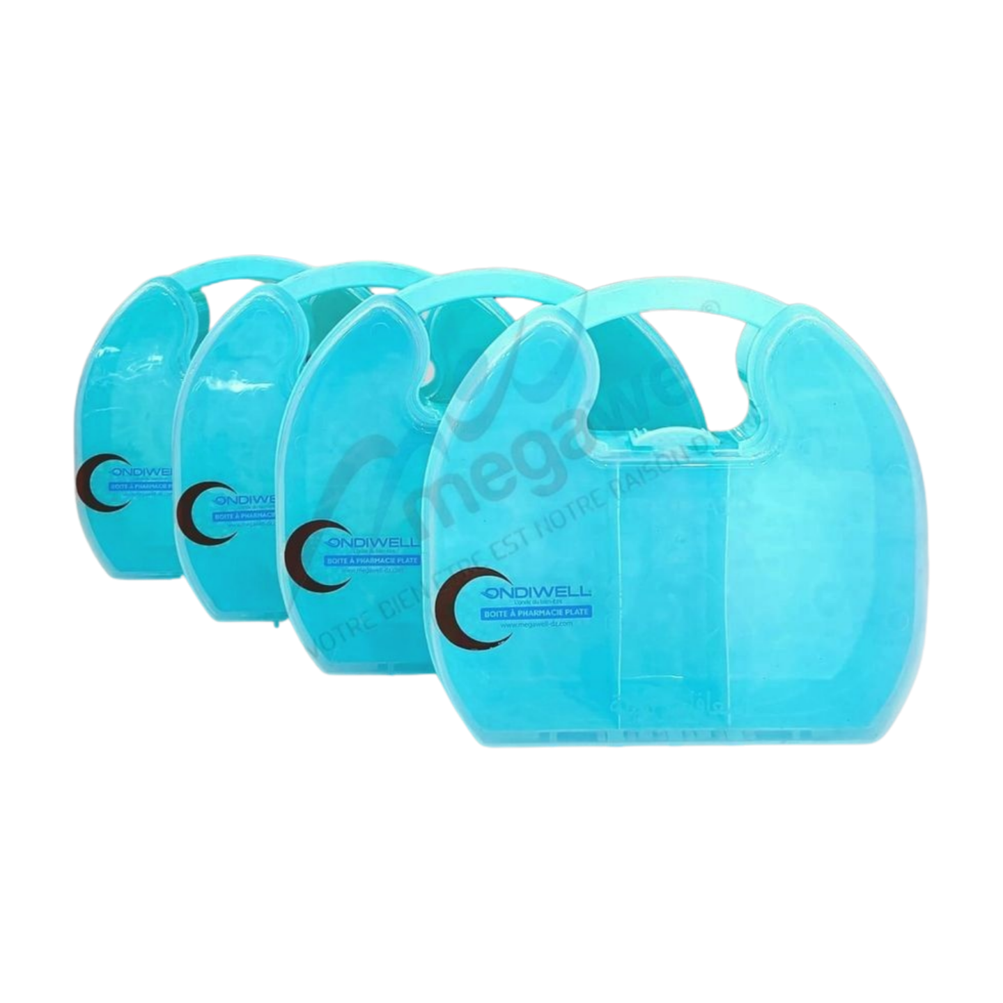 Boîte à pharmacie Ondiwell, couleur bleu turquoise, de forme rectangulaire et de profil plat. Elle est présentée comme un espace de rangement pour médicaments et trousse de secours, soulignant son aspect organisé et épuré.