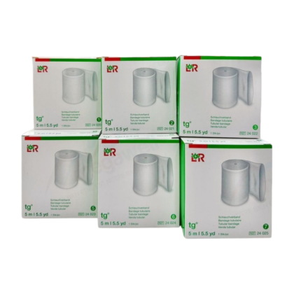 Bandage tubulaire LR TG, 5 mètres. Extensible, confortable et respirant, idéal pour fixer pansements et soutenir les blessures légères. Référence 24020.