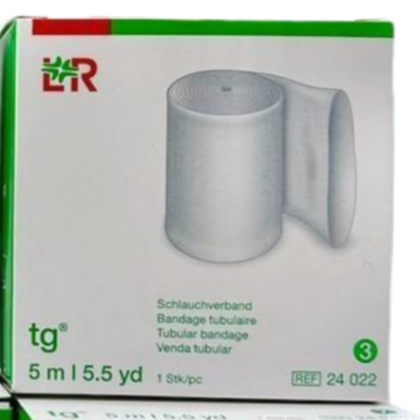 Bandage tubulaire LR TG de 5 mètres, couleur [Couleur du bandage – ex: blanc, bleu], présenté sur [Fond de l'image – ex: un fond neutre, un bras]. Le bandage est extensible et semble respirant. Il est enroulé [Décrire l'enroulement – ex: proprement, de manière aléatoire] et prêt à être appliqué pour soutenir et protéger une zone du corps. Le texte indique qu'il est adapté pour les entorses, foulures et zones douloureuses.
