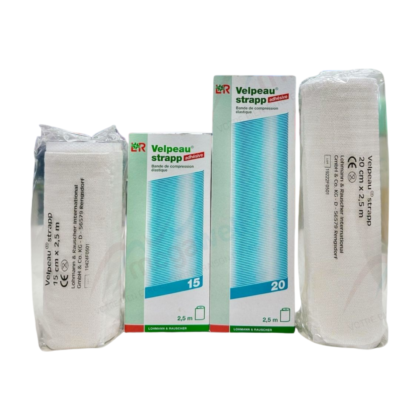 Bande de compression élastique LR Velpeau Strapp, référence 81614. Rouleau de 20 mètres de long et 2,5 centimètres de large, contenant 30 bandes. Destinée au soutien musculaire et au soulagement des douleurs articulaires.