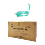 Masque d'oxygène pédiatrique Decomed, taille standard, conçu pour les enfants. Masque hypoallergénique pour l'oxygénothérapie, visiblement adapté pour un confort optimal. Icônes d'un médecin et d'un bébé suggèrent son utilisation chez les enfants.