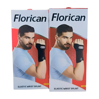 Attelle Florican FC4039, présentée sur fond neutre. L'attelle est de couleur grise, en matériau flexible et respirant. Elle est conçue pour le poignet et l'avant-bras, avec une boucle réglable en velcro pour un maintien personnalisé. Le design est ergonomique et vise à assurer confort et soutien. L'attelle est visiblement robuste et est destinée à soulager les douleurs liées au syndrome du canal carpien et aux tendinites.