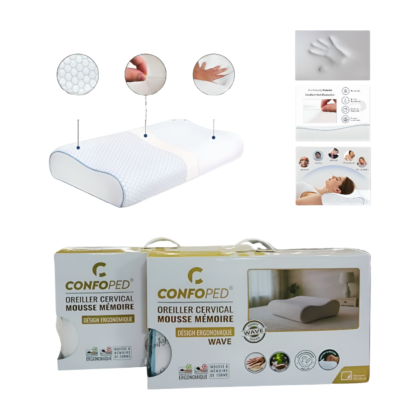 Oreiller cervical Confoped : Oreiller blanc, de forme ergonomique, conçu pour soutenir la nuque et les épaules. Il présente une texture ondulée, indiquant la mousse à mémoire de forme.