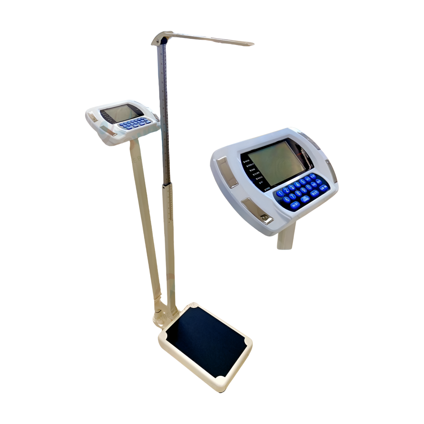 Pèse-personne électronique Swingmed SM-SCT002, design moderne et épuré, affichant un écran digital clair. Inclut une toise intégrée pour mesurer l'IMC, permettant un suivi précis et facile du poids et de la santé.