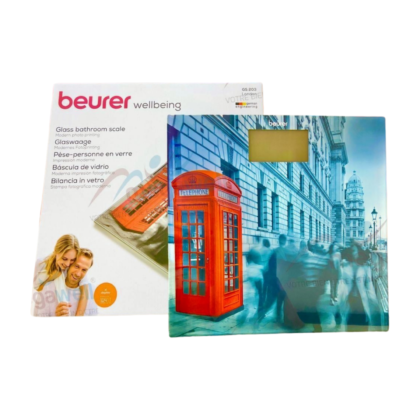 Pèse-personne Beurer GS-203 London : design moderne avec écran LCD affichant le poids. Capacité jusqu'à 150 kg, calcul de l'IMC et fonction d'arrêt automatique.