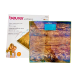 Pèse-personne électronique Beurer GS-203 en verre et bois, design élégant. Affichage LED, mesure jusqu'à 150 kg. Arrêt automatique.