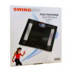 Pèse-personne électronique Swingmed SM-31FB. Design moderne, écran LCD affichant le poids, l'IMC et d'autres données de santé. Structure plate et élégante, probablement en plastique blanc et verre.