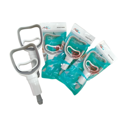Pistol de ventouses Hidjama Megawell, couleur [couleur du produit, ex: bleu clair], avec une poignée ergonomique et plusieurs ventouses en silicone de différentes tailles, présenté sur un fond [couleur du fond, ex: blanc]. Produit par Megawell, destiné à la thérapie par ventouses pour le drainage lymphatique et la circulation sanguine.