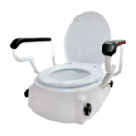 Assise de toilette surélevée, 27 cm, avec accoudoirs en similicuir. Conçue pour faciliter l'autonomie et la sécurité dans la salle de bain. Surface lisse et facile à nettoyer.