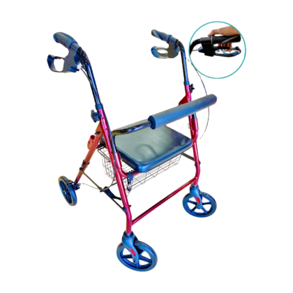 Rollator pliable en aluminium avec 4 roues, assise, dossier et panier. Double frein pour une sécurité accrue. Destiné à faciliter la marche et offrir confort et stabilité.