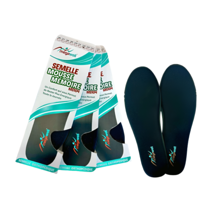 Semelle intérieure en mousse mémoire Megawell MS104, disponible en tailles 37 à 39. Semelle blanche, épaisse, offrant un amorti et un soutien personnalisés pour les pieds.