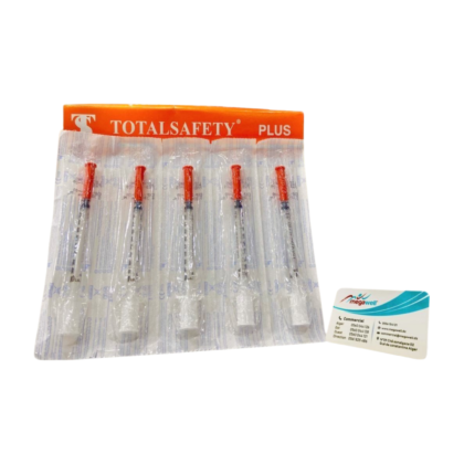 Boîte contenant 100 seringues jetables Talsafety de 1ml, destinées au dosage d'insuline. Seringues transparentes avec graduations claires, dispositifs de sécurité intégrés. Emballage bleu et blanc avec logo Talsafety.