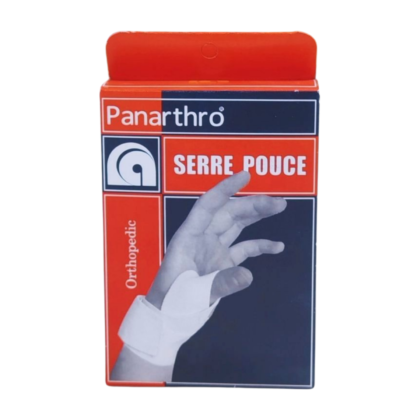 Serre-pouce Panarthro S.PO 705 : dispositif de maintien et d'immobilisation du pouce. L'image présente un serre-pouce en tissu élastique, ajustable, avec des attaches velcro, conçu pour offrir support et confort en cas de blessure, post-opératoire, tendinite ou arthrite. Le produit est de couleur [Couleur du produit] et est représenté [Position du produit sur l'image : porté sur une main, sur un fond neutre, etc.].