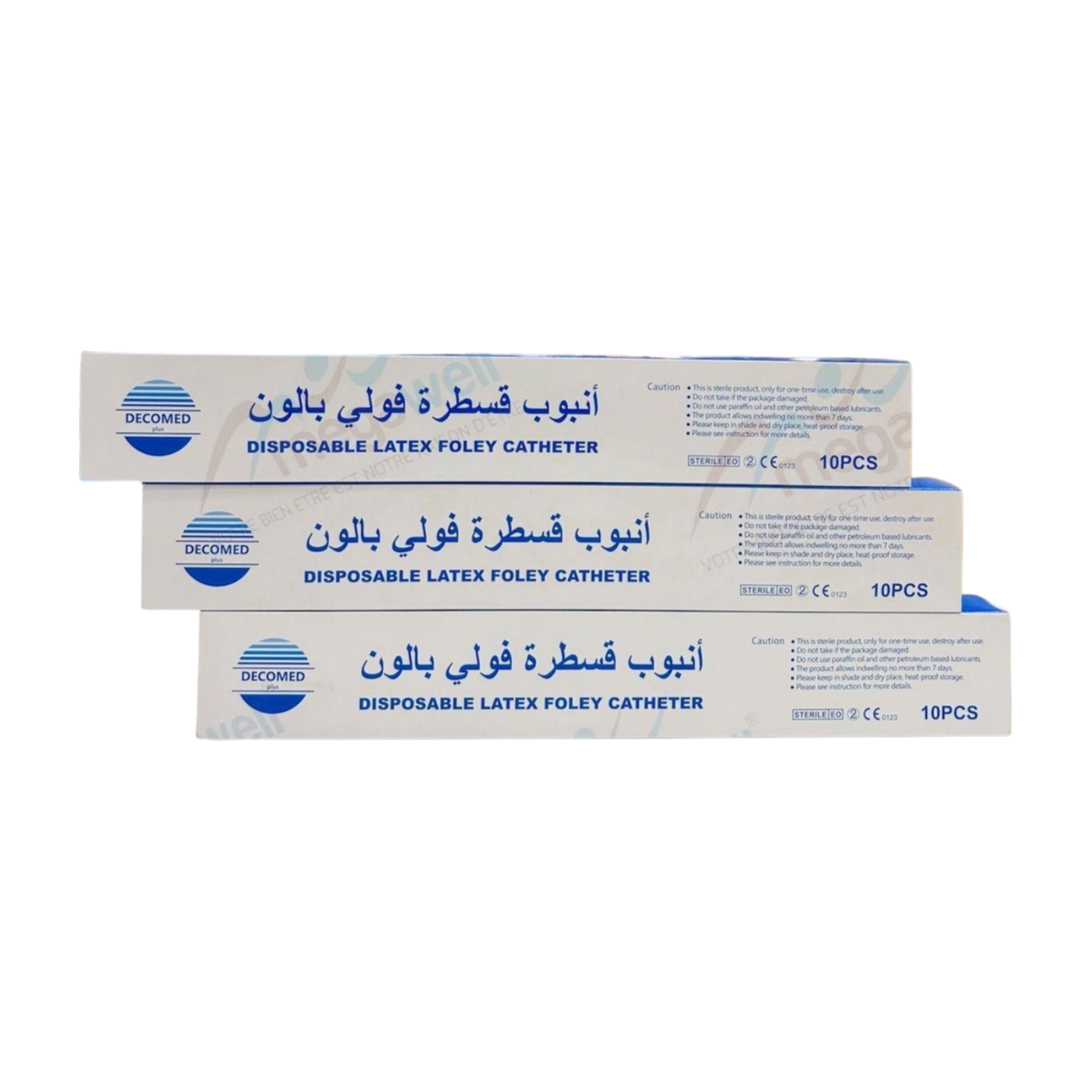 Sonde Foley à deux voies pour hommes, de calibre 20 French, de la marque Decomed. Présentée en lot de 10, cette sonde est conçue pour le drainage urinaire en cas de rétention. Elle est visiblement souple et biocompatible, avec une ouverture pour la ventilation.