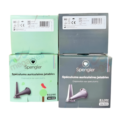 Boîte de 250 spéculums auriculaires jetables Spengler, de 2.5mm, conçus pour les examens auditifs chez les enfants. Produit médical pour une utilisation hygiénique et sécurisée.