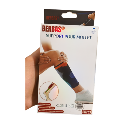 Support de mollet Berbas (BR263) standard, conçu pour soulager les douleurs et les courbatures. Le produit est présenté [Décrire brièvement l'apparence du support : couleur, matière, présence de sangles, taille apparente, etc. Exemples : "en tissu respirant bleu marine avec des sangles réglables", "en néoprène noir avec des renforts latéraux", "de taille moyenne, couvrant le mollet"]. Il est destiné au sport et aux activités quotidiennes. #mollets #Berbas