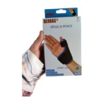 Attelle de pouce Berbas BR207, vue de face. Attelle en plastique flexible de couleur chair, conçue pour le pouce, avec un système de fixation par velcro. Elle offre un soutien et un maintien pour le pouce blessé ou douloureux.