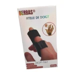 Attelle de doigt Berbas BR364 en néoprène de couleur [couleur de l'attelle], avec des sangles réglables pour un maintien personnalisé. L'attelle est conçue pour soutenir et immobiliser un doigt blessé, comme en cas de douleur, d'entorse ou de fracture mineure. On distingue les zones de néoprène respirant et les attaches permettant un ajustement facile.