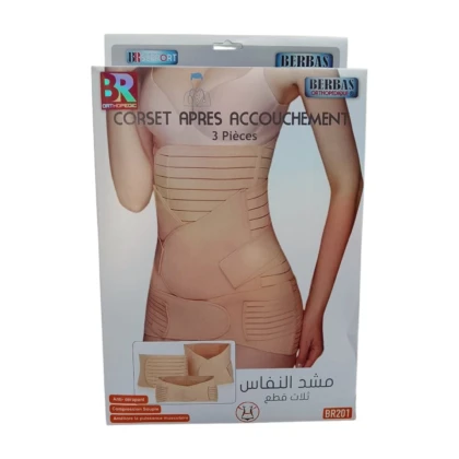 Ceinture post-partum Berbas, ensemble de trois pièces, pour soutien abdominal et compression progressive. Disponible en tailles L à 3XL. L'image montre la ceinture en tissu extensible, de couleur [préciser la couleur si visible], avec des attaches [préciser le type d'attaches si visible, par exemple : velcro, fermetures éclair]. Elle est conçue pour aider à la récupération post-accouchement et à retrouver la silhouette.