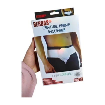 Ceinture médicale Berbas (modèle BR213) : ceinture discrète et confortable, de couleur [couleur de la ceinture] et en [matière apparente : tissu respirant, matière élastique, etc.], conçue pour offrir un soutien efficace à la région inguinale en cas de hernie. L'image montre une ceinture portée [description de la manière dont la ceinture est portée : à la taille, sous les vêtements, etc.] et mettant en évidence sa discrétion.