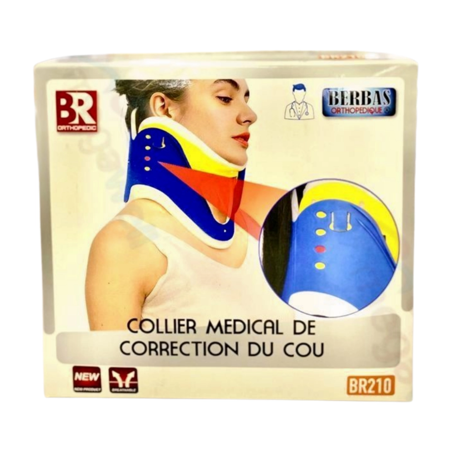 Collier de correction cervical réglable Berbas BR210, visiblement conçu pour le soutien du cou, avec une structure flexible et des sangles d'ajustement. Le collier semble léger et respirant.