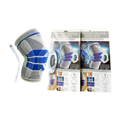 Genouillère stabilisatrice de couleur [couleur principale visible sur l'image] avec des détails en silicone [couleur du silicone visible sur l'image] pour le soutien du genou. Conçue pour le confort et la respirabilité, cette genouillère est disponible en tailles M à XL et vise à soulager les douleurs liées aux entorses, à l'arthrose et à la fatigue.