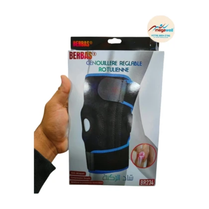 Genouillère Berbas bleue, ajustée au genou, avec des zones de ventilation apparentes. Elle semble offrir un maintien ferme tout en restant flexible.