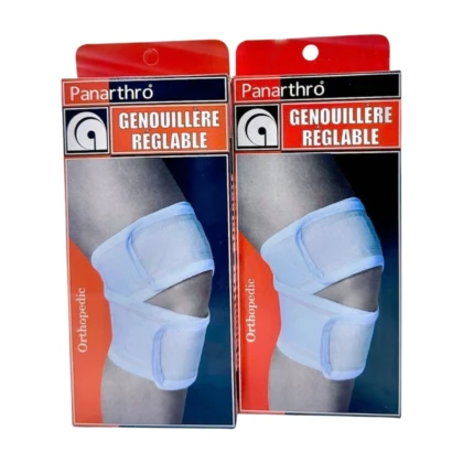 Genouillère réglable Panarthro (GR) en tissu extensible, affichée sur fond neutre. Elle possède des sangles réglables à Velcro pour un maintien personnalisé. La genouillère est conçue pour offrir confort et stabilité, et est disponible en tailles S/M et L/XL.