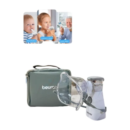 Nébuliseur Beurer IH-57 : petit appareil portable blanc, design compact pour le soulagement respiratoire. L'image montre le nébuliseur, avec son réservoir transparent, un tube et un embout buccal.
