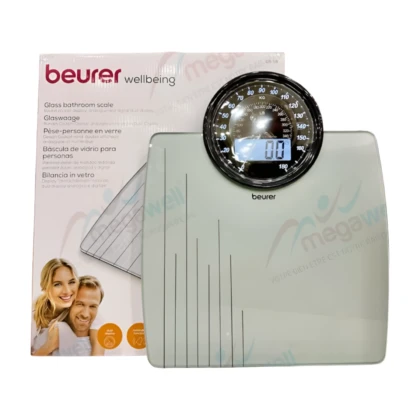 Pèse-personne Beurer GS-58 : Design élégant avec jauge analogique et écran numérique affichant le poids. Capacité maximale de 180 kg.