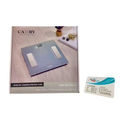 Pèse-personne digital Camry EF871H, affichage numérique de la masse en kilogrammes et livres, capable de supporter jusqu'à 180 kg. Design simple et épuré pour un suivi facile du poids.