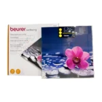 Pèse-personne Beurer 215-FLEUR : Design élégant en verre et métal, affichage numérique clair, indique poids, masse grasse et possède une mémoire pour plusieurs utilisateurs.