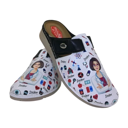 Sabot orthopédique blanc et noir pour femme, modèle Enova M-275. Conçu pour le confort et le soutien du pied, il possède une semelle anatomique et est adapté aux douleurs et au hallux valgus. Disponible en tailles 37 à 41.