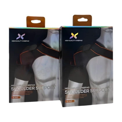 Support d'épaule de haute qualité (référence 8487) : Dispositif de support médical, probablement en tissu élastique, conçu pour maintenir et soulager l'épaule. Il semble ajustable et vise à améliorer le confort et la récupération lors d'activités quotidiennes ou sportives.