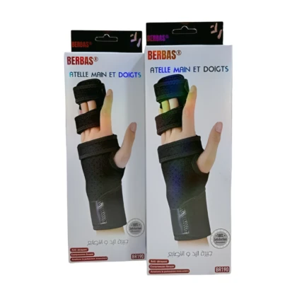 Attelle main et doigts Berbas BR190 STD : Attelle en tissu respirant, ajustée à la main et aux doigts, offrant un soutien ferme. Conçue pour soulager les douleurs, stabiliser les entorses et favoriser la guérison après des opérations ou en cas de tendinite.