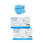 Bavette individuelle Medimask bleue, tissu léger, couvrant le torse et les épaules, conçue pour la protection hygiénique. Aspect discret et confortable.