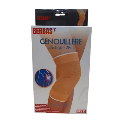 Genouillère élastique Berbas BR231, vue de face. Couleur [indiquer la couleur principale de la genouillère, ex: bleu clair]. Conçue pour le genou, elle offre un maintien et un confort visuellement suggérés par sa texture élastique et sa forme ajustée. Elle semble adaptée à la rééducation et à la prévention des douleurs légères.