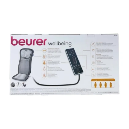 Housse de siège shiatsu Beurer MG-260 avec chauffage intégré. Conception ergonomique pour le dos et les épaules, visible sur la housse rembourrée, offrant relaxation et confort pour bureau, voiture ou maison.