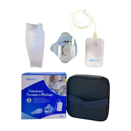 Nébuliseur portable Ubreath NS 180-WM blanc, compact et discret, conçu pour le soulagement respiratoire. L'image montre un appareil léger avec un réservoir et un embout, idéal pour traiter l'asthme, la bronchite et les allergies. Facile à nettoyer.